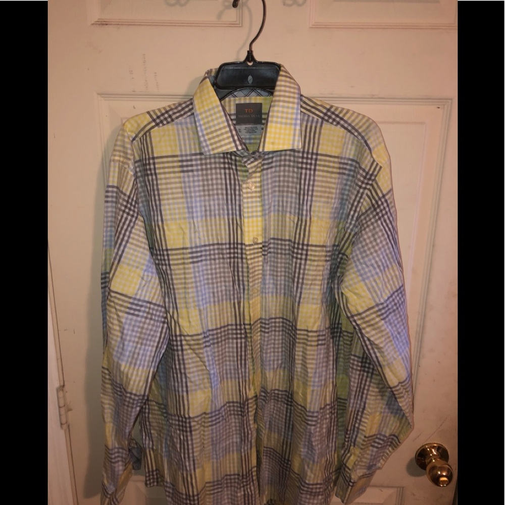 Thomas dean gray white yellow and blue check shirt
